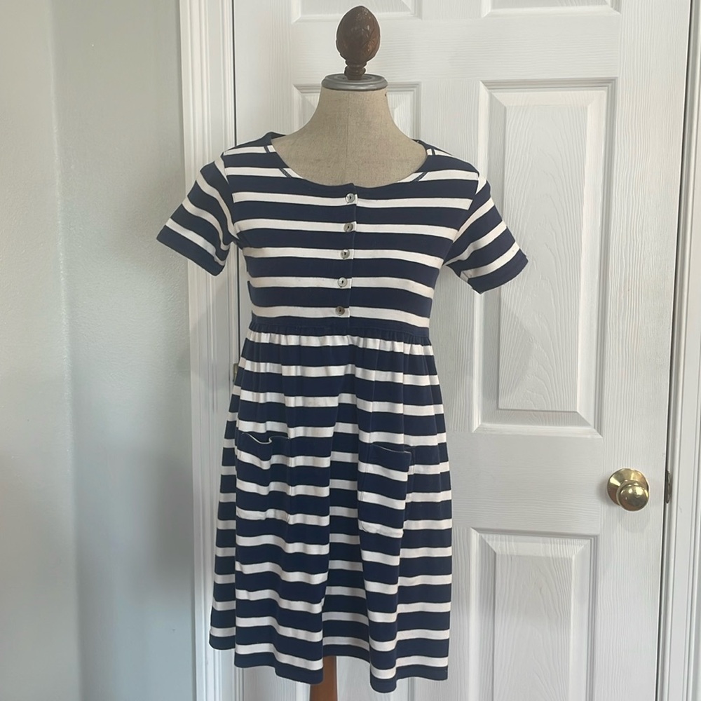 Jones New York sport jersey dress stripe pockets navy blue women petite small PS